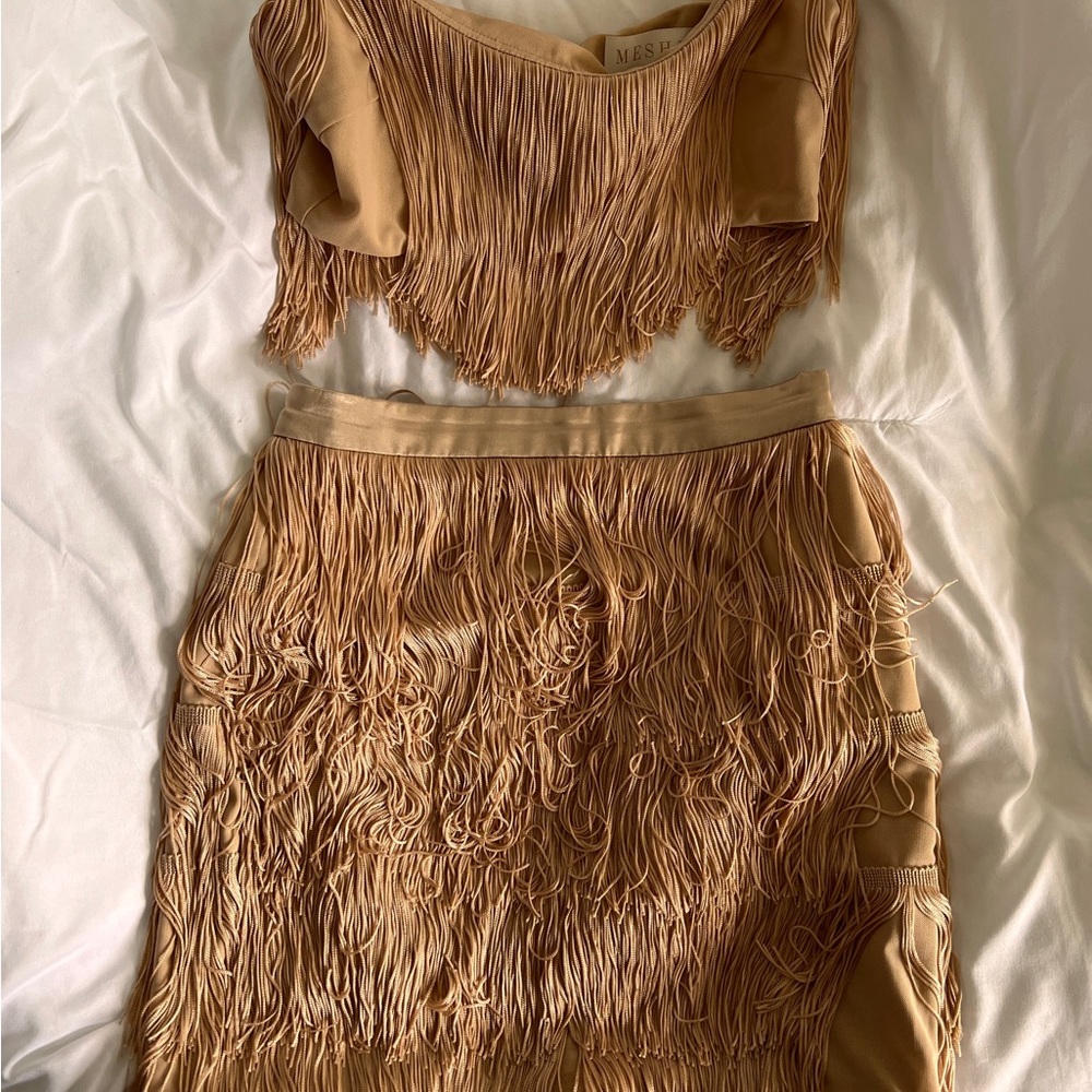 Meshki Sofia Fringe Crop Top and Mini Skirt - Nude
